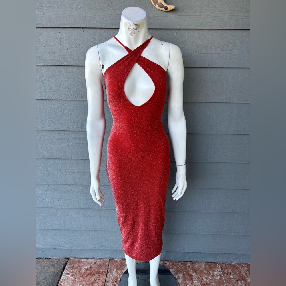 Hera Collection Red One-Shoulder Sparkle Cutout Midi Dress